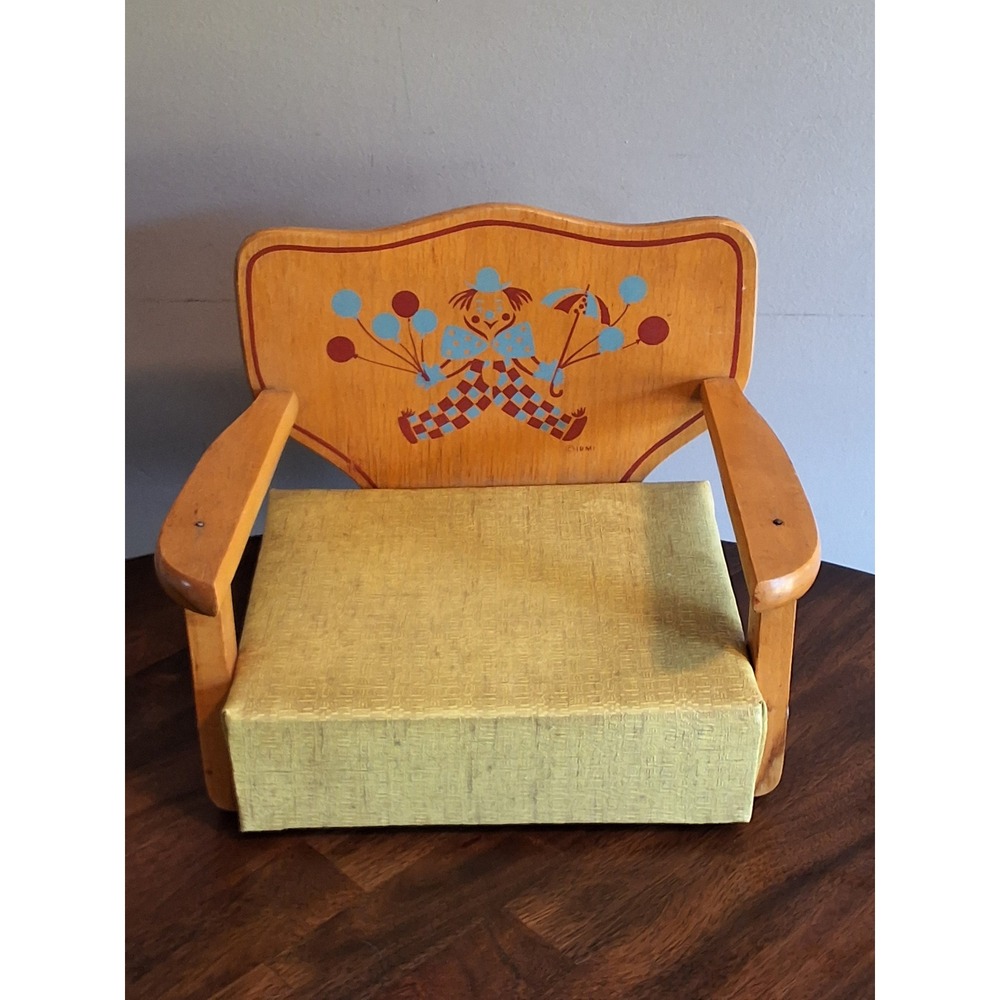Vintage Irmi Wooden Booster Seat Hand Painted Clown Mid Century Nursery Decor